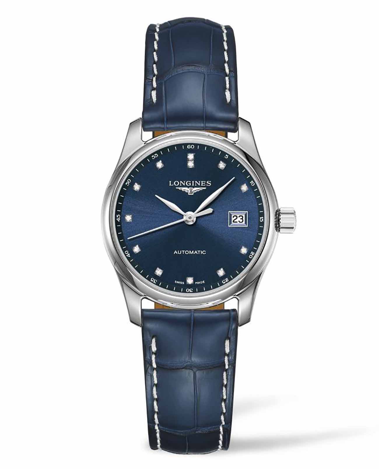 Longines Longines Master Collection L2.257.4.97.0  L22574970 механические женские часы синий циферблат, браслет кожаный — вид спереди